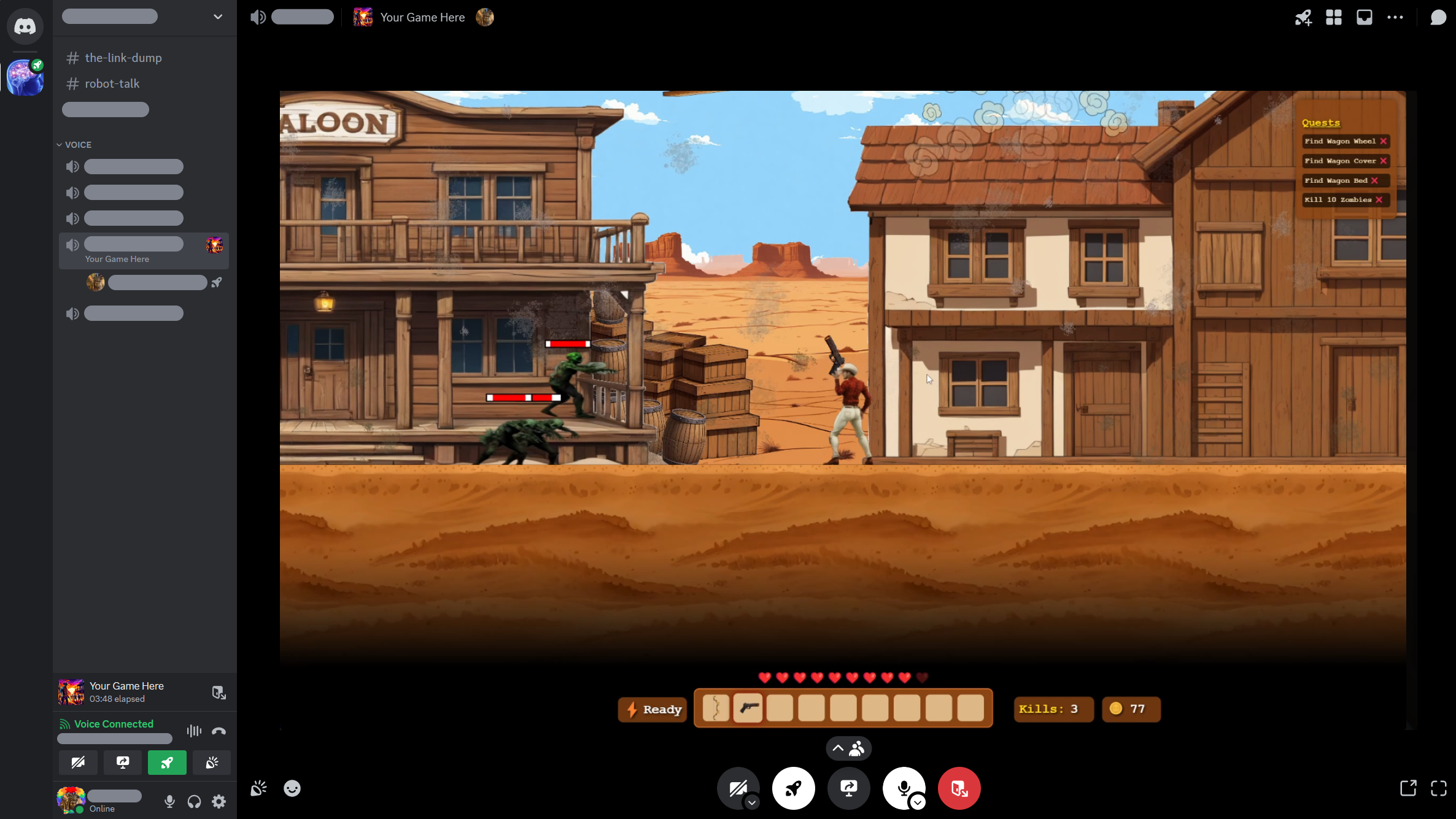 Screenshot of Cowboys vs. Zombies running inside Discord