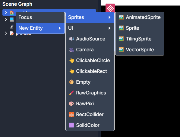 Screenshot of the Dreamlab game engine editor UI showing the available entities